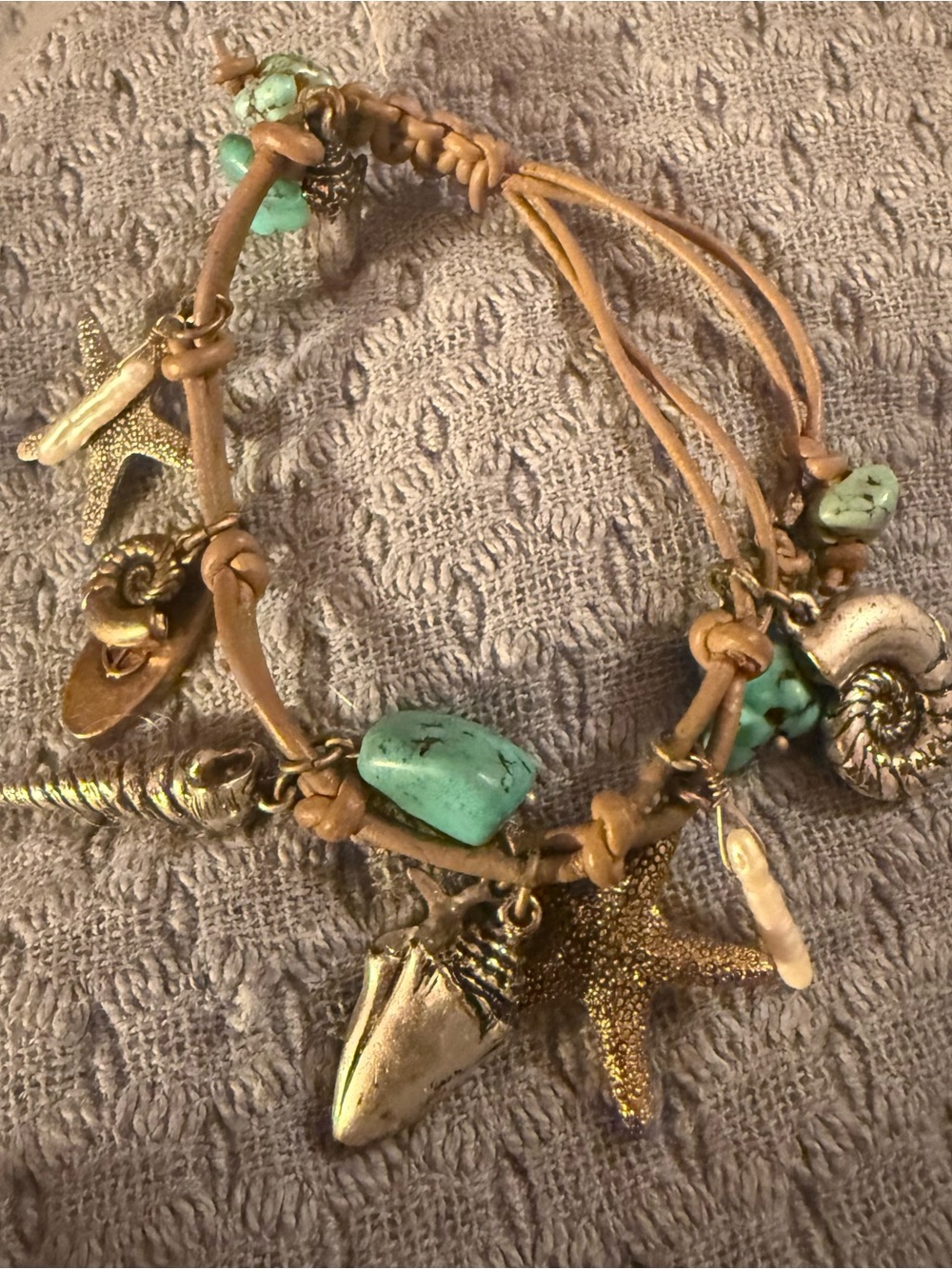Ocean‎ Beach Nautical Theme Charm Bracelet Leather Turquoise Shell Coastal Chic